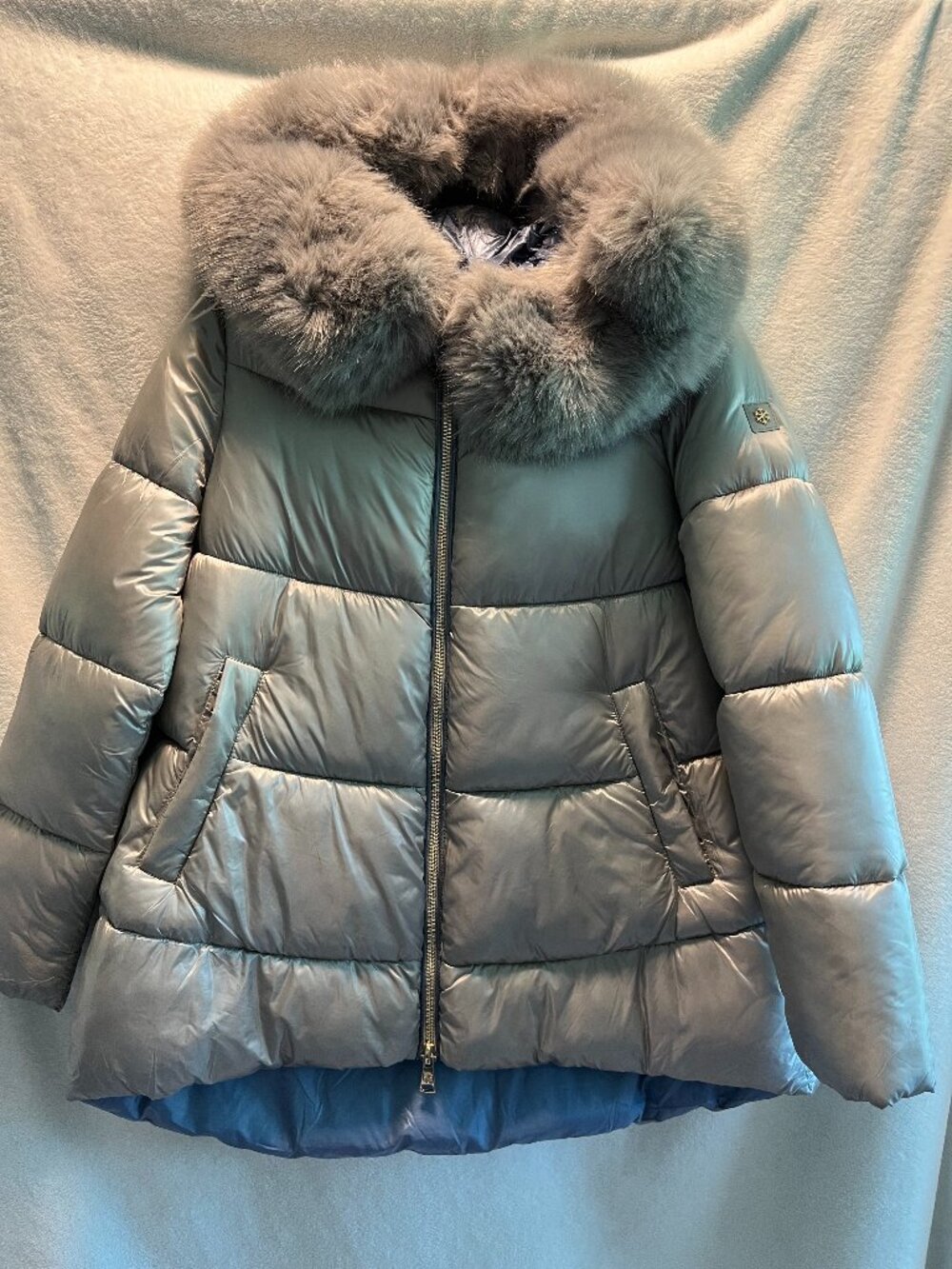 Luxurios Fur Collar Puffer Jacket Silver Grey Metallic | Made in Italy | Size L